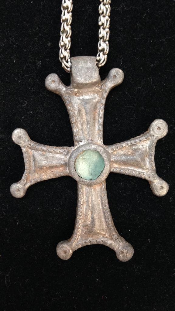 Byzantine Antique Cross Necklace: Byzantine Antique Cross Necklace silver chain measures in inches 18" long, lead cross measures3"x2" Property of a Pound Ridge Estate.