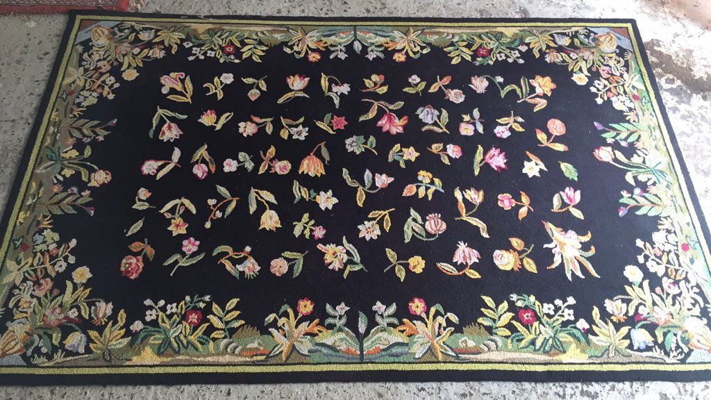 Wool Hand Hooked Rug Black Ground Floral Motif (1 of 7)