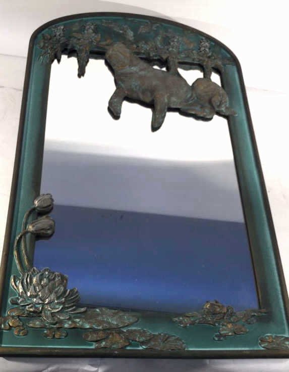 RUDY TAYLOR signed decorative mirror: RUDY TAYLOR signed decorative mirror with ocean like scenery In the background this mirror has a old fashion aged look to it, this mirror measures in at 33H x 20.5W