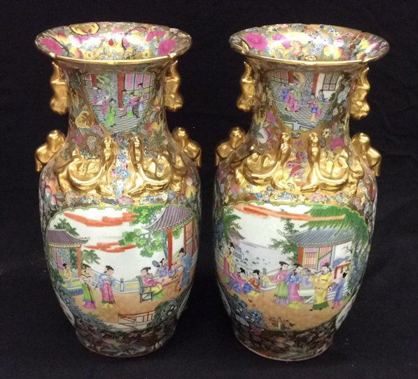 Pair of Gilded Hand Painted Asian Vases (1 of 10)