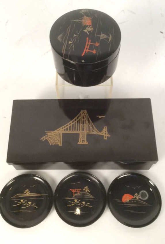 Asian Black Lacquer Group Lot lot includes coaster set (1 of 10)