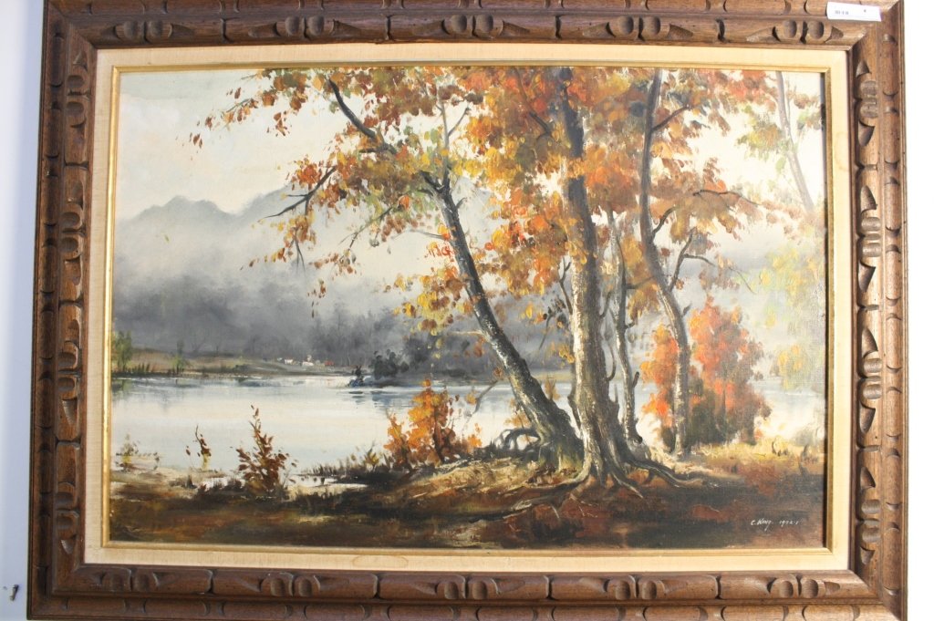 C WANG Signed 1992.1 Landscape Fall colors, lake scene, (1 of 2)