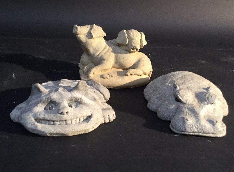 Group lot of stone statues including two RANKIN Pair of: Pair of RANKIN made stone statues both SIGNED on bottom and a unmarked stone statue of two pigs