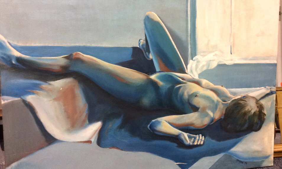 SHIRAK 1974 oil on canvas nude nude in reclining: nude in reclining position signed painting on canvas. Measures 36 by 48 inches .