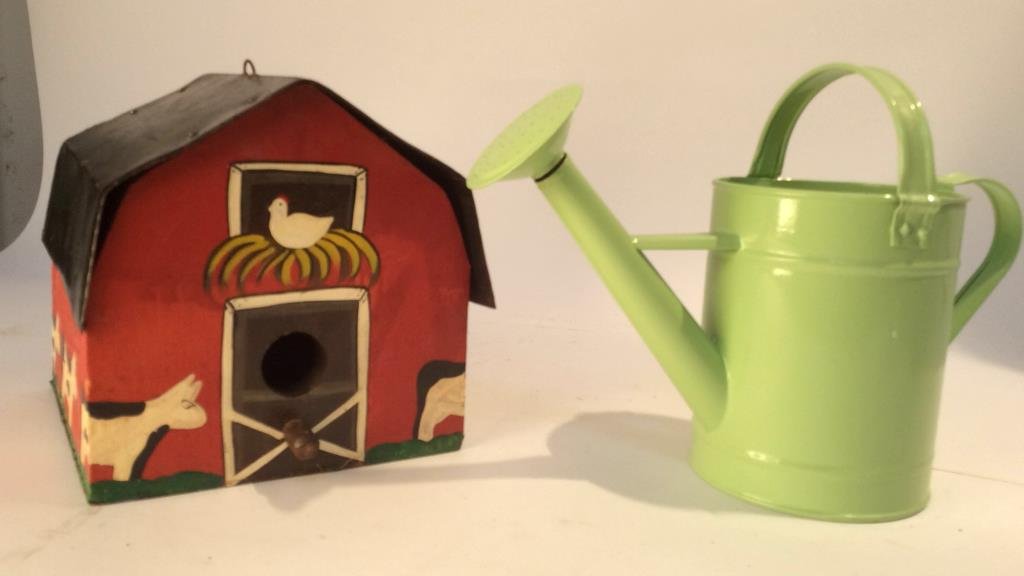 Painted wood and metal birdhouse watering can (1 of 8)