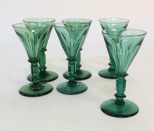 Set 6 Antique Pale Green Hand Blown Stem Glasses (1 of 6)