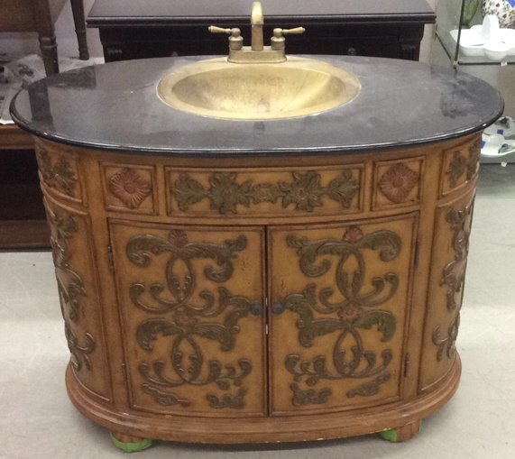 VINTAGE Marble Top brass Finished Sink: Vintage Marble Top and brass sink with vintage wooden base with decorative design on doors, measures 34H x 43W