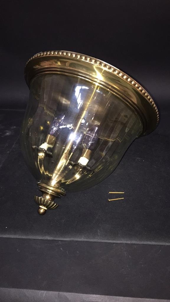 Brass and Glass Semiflush Lantern: Classic bead trim around top ridged edge with grew candle style bulbs. Type B 60 watt bulbs max. Diameter measures 14 inches x 14h.