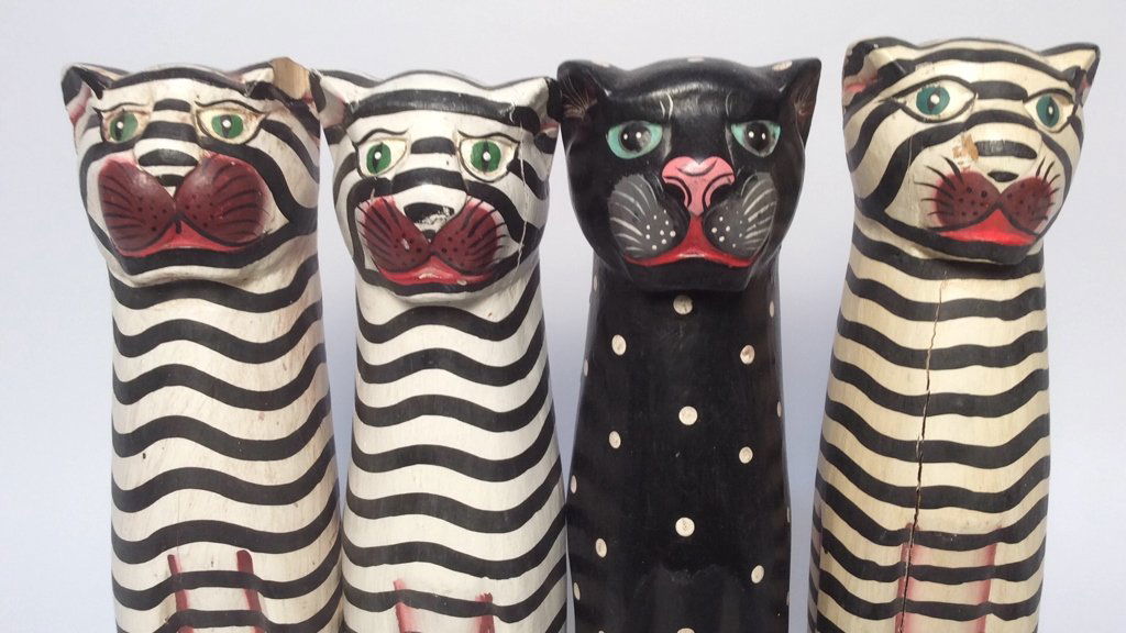 Four Wooden Painted Cat Statues (1 of 9)