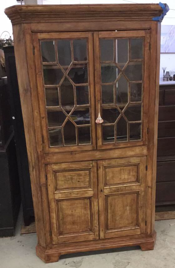 Antique corner cupboard old pine with paned doors (1 of 7)