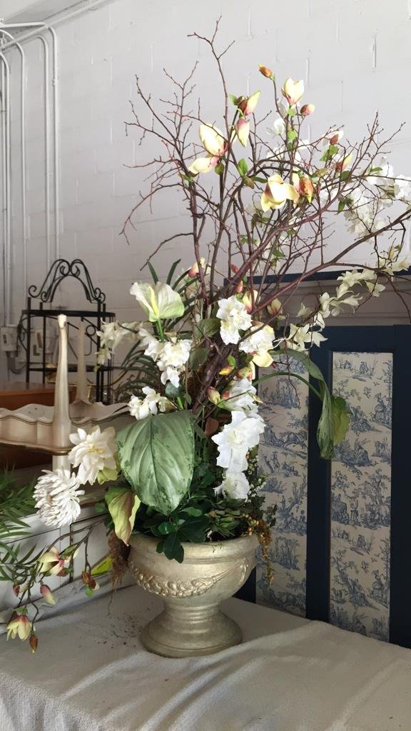 Large Metallic Painted Planter Faux Flowers Spring (1 of 8)