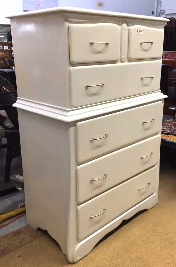 Vintage Painted White High Boy Dresser Six drawer chest: Six drawer chest on chest design. Measures 49-1/2 x 34 x 19. Curved matching drawer handles in brushed chrome. Carved apron detail and decorative curve in top drawer front panels. Dovetail drawer join