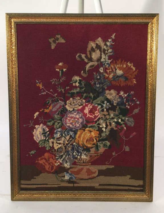 Needlepoint Flower Still Life Gold Framed: Needlepoint Flower Still Life Gold Framed measuring in inches 22.5x28.5