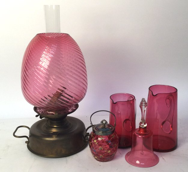 Cranberry Glass Oil Lamp Bell Pitchers & Jar (1 of 10)