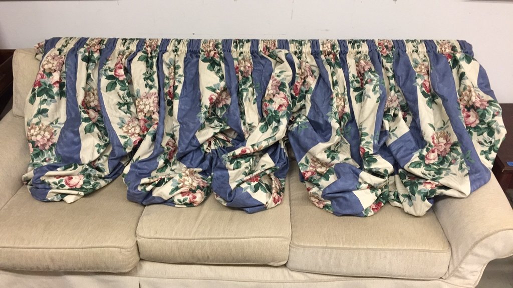 Country French Style Rod Pocket Balloon Valence French: French blue stripe and floral pattern with crime ground and shades of rose. Professionally constructed and fully lined. Measures 72 wide.