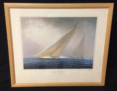 Ranger The Great Yachts Series Tim Thompson: Professionally framed, light wood frame and glass, art depicts two racing sailboats and another boat carrying people watching, published by Ashcombe Fine Arts, Ashcombe Tower, Dawlish, Devon EX7