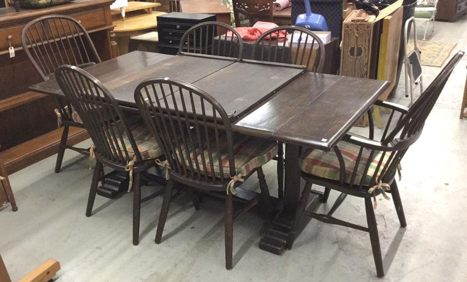 Dark Wood Dining Table, 2 Leaves, & 6 Chairs Set (1 of 10)