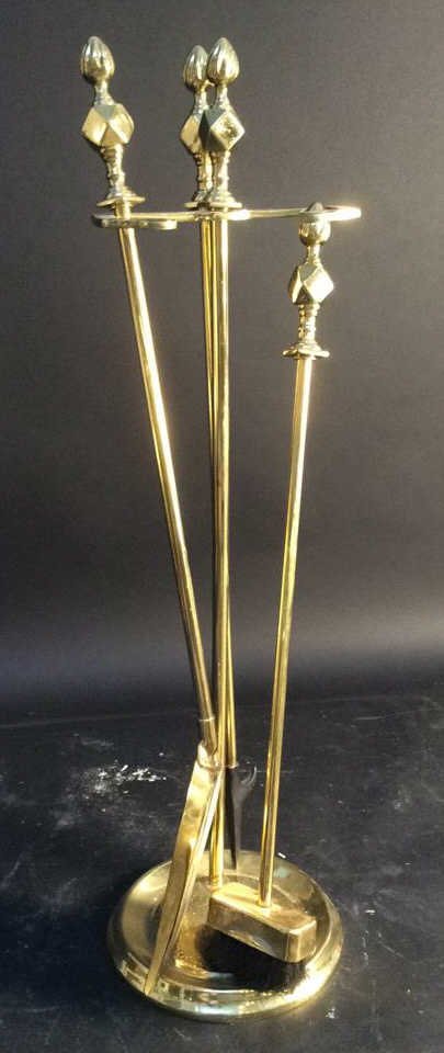 Set Of Gold Fire Place Set Materials: this set contains a brush, a poker, and a coal scooper