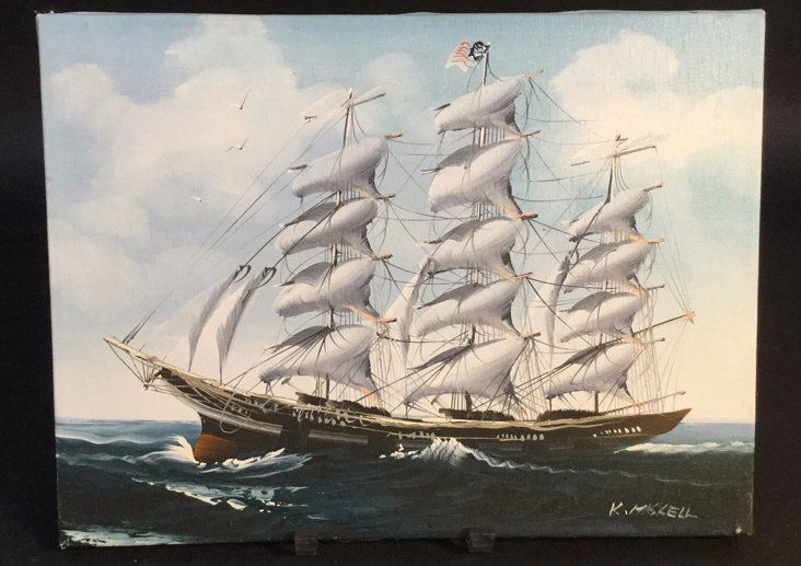 K. Maskell Painting of American Ship: K. Maskell Painting of American Ship, canvas, measuring in inches 16x12