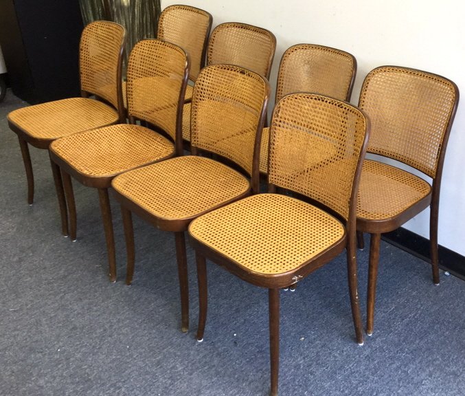 Set of 8 Stendig, Italy Cane Cafe Side Chairs Mid: Mid century modern Prague chairs with cane seat and back. Thonet Bentwood. European style Bohemian in very good condition some of the cane does need attention. Wear consistent with age and use. Tapere
