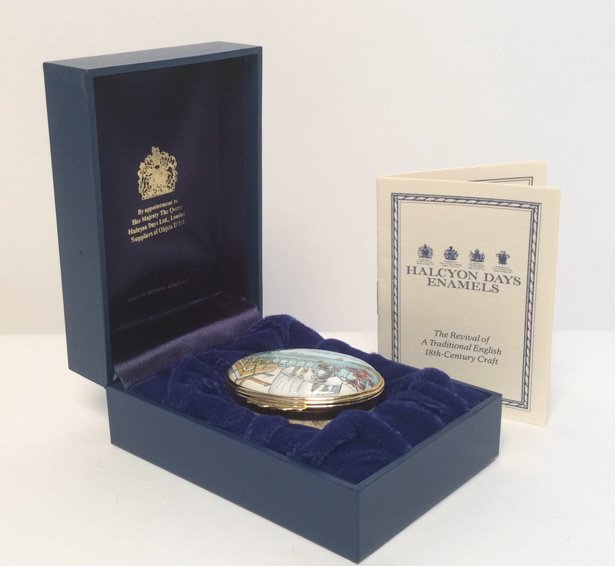 Halcyon Days Enamels in Box: Too much of a good thing is simply wonderful design, in box, new condition measures in inches 2x2.25x1