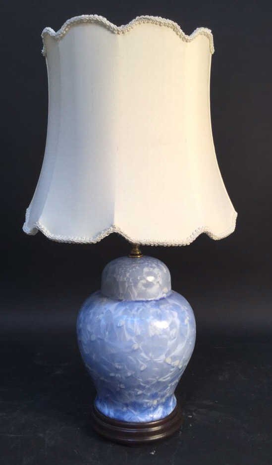 Blue Ceramic Lamp With Silk Shade (1 of 6)