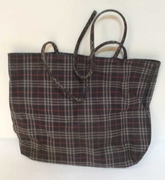 Burberry London Grey Print Tote: Burberry London Grey Print Tote, ware visible, one strap broken, measures in inches 16x13