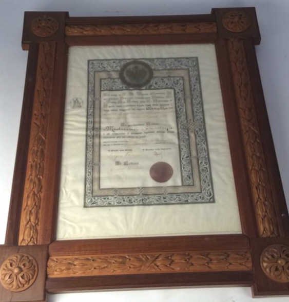 Carved and inlaid multi wood framed document (1 of 8)
