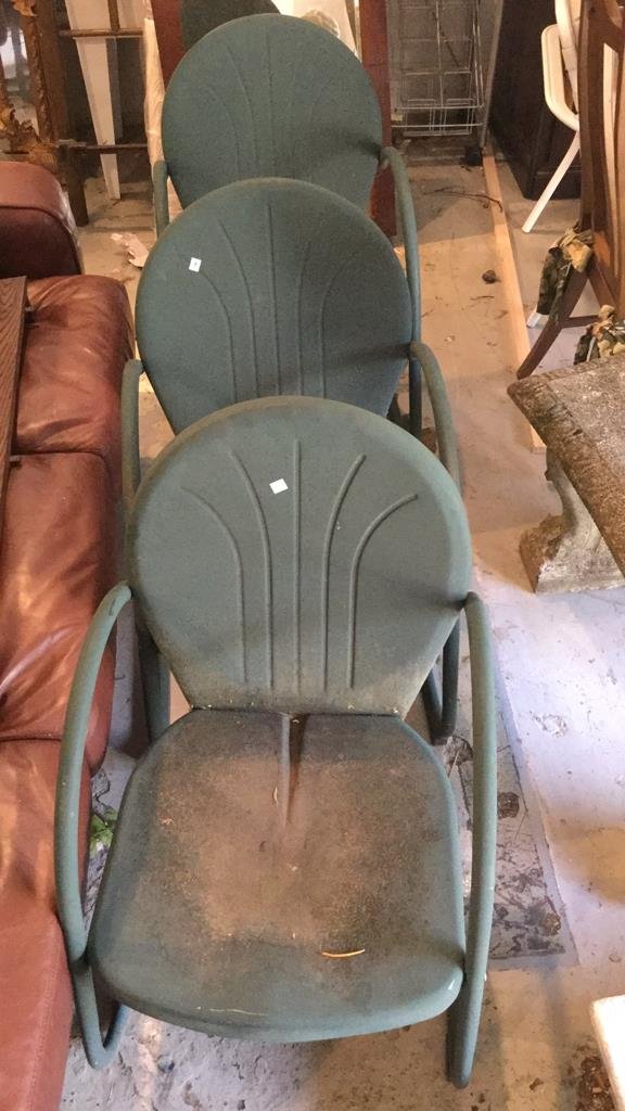 Set Of Three Iron Green Chairs: Set Of Three Iron Green Chairs, Outside Pool chairs, Vintage outdoor chairs, measures 34x20x19
