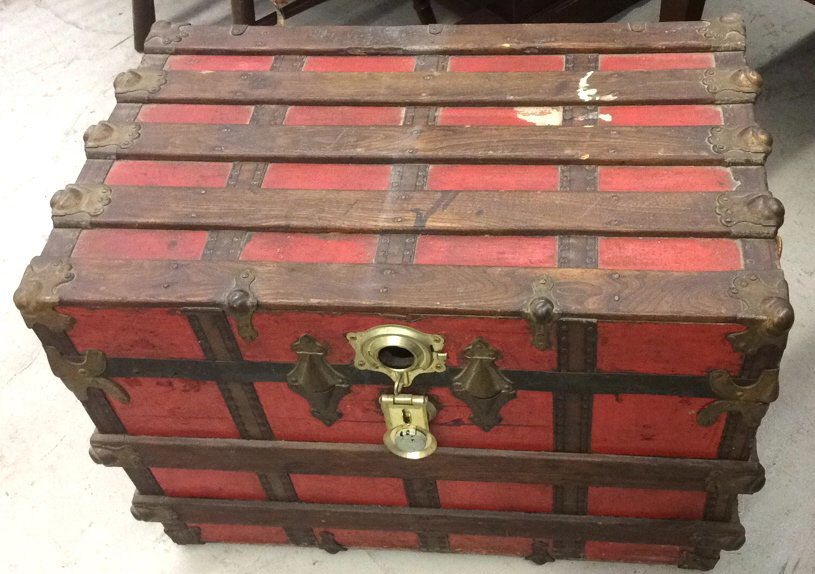 Vintage Painted Red Wood Leather Brass Trunk (1 of 10)