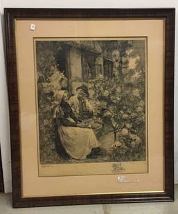 FRANK BRAMLEY 1900 Signed Etching: Signed Frank BRAMLEY and Arthur J Turrell. Irish garden scene with embossed stamp. Burled walnut frame with gold band inset and black trimmed Matt. Artwork measures approx 22 x 18