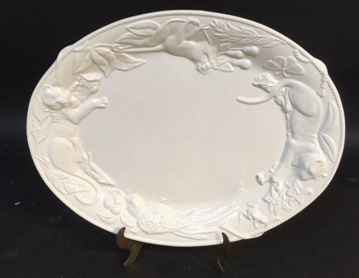 Lynn Chase Designs White Platter: Lynn Chase Designs White Platter marked The Zrike Company Portugal, measuring in inches 21x16.5, minor chips from ware