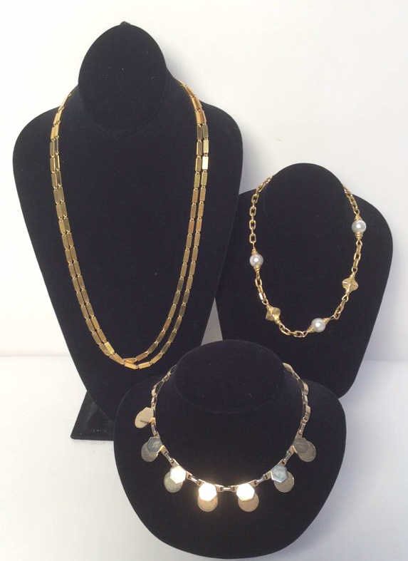 Vintage Kramer Monet & Jamie Simpson: Three vintage necklaces, Pearl and gold style necklace marked Jamie Simpson, 1 geometric overlay metal design marked Kramer, 1 long strand rectangular chain necklace marked Monet