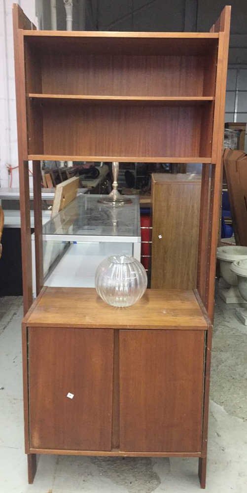 Storage Shelf and Cabinet with Glass Centerpiece: BLODGETT GLASS Fill with water rippled vessel 7 x 9 in diameter. Cabinet unit measures 72h x 28-1/2w x 16