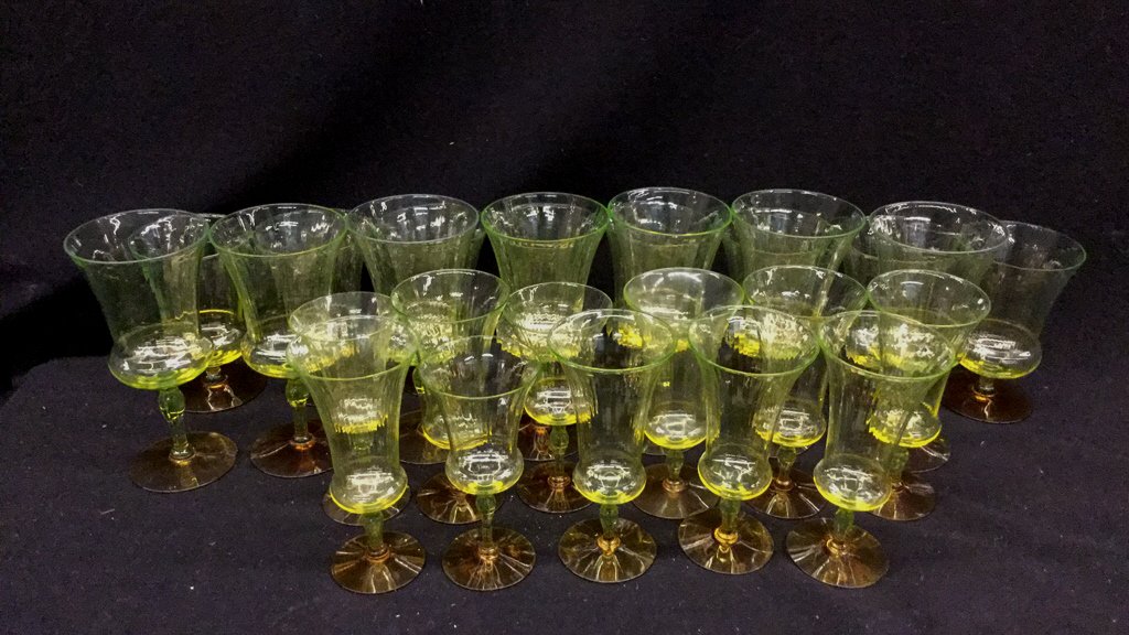 20 Plus Yellow Glass Cup Set: 20 Plus Yellow glass cup set , champagne, wine , and regular cups, largest cup measures in at 7 inches tall