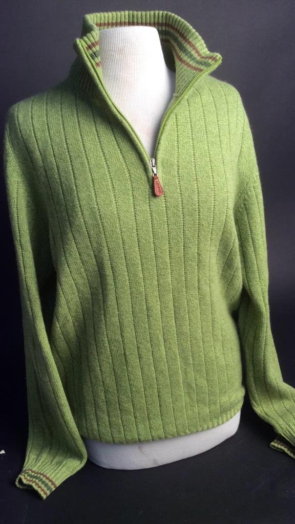 Franck Namani premium cashmere men's sweater: almost new condition four ply cashmere men's sweater size 52 Italy size Granny Smith apple green with dark green and brown color and neck accents. Leather zipper v neck. Made in Italy marked on zipper