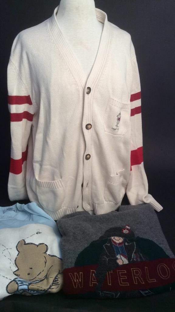made in Italy ICEBERG men's sweaters: large and XL one cotton cardigan baseball stripe sleeve and Winnie the Pooh pocket Emblem, cotton light blue with Winnie the Pooh small stain, cashmere wool blend Napoleon Waterloo