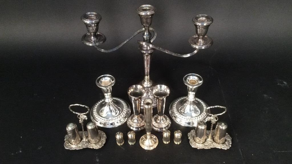 Silver Plate Candlestick and Shakers Lot (1 of 6)