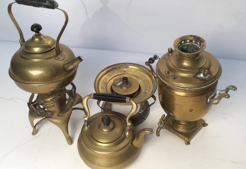Antique Brass and Wood Coffee Pots: antique brass and wood tea pots coffee pots urn with stands. Tallest w stand measures app 15 inches