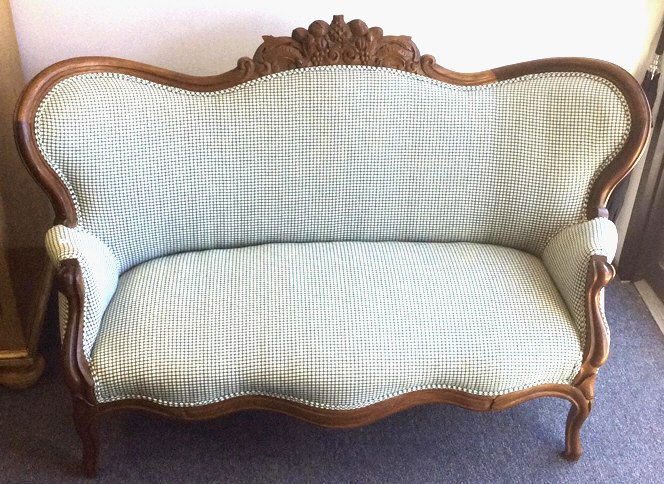 Carved Victorian Settee, Green Gingham Upholstery (1 of 5)