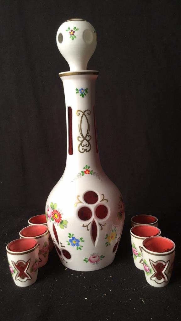Mid Centruy Decanter And Shot Glasses: Un,worked and signed set of decorative items, floral design on cups and decanter, decanter measures 15 inches and the glasses measure 2.5 inches