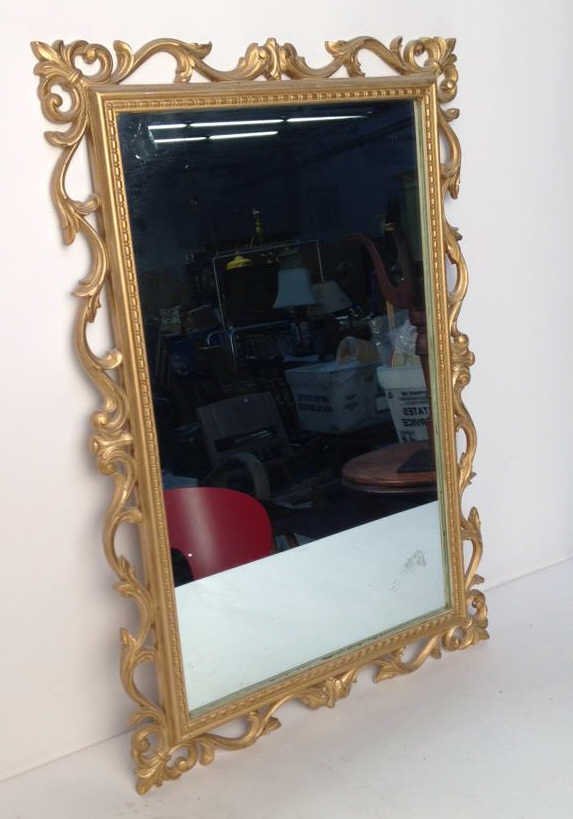 Gold Painted Scrolling Mirror SYROCO INC USA: Gold painted wood framed scrolling mirror, measures in inches 20x30 marked Copy Right MCMLX lll SYROCO INC Made in USA 4714