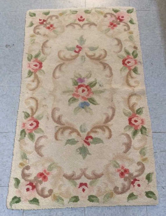Vintage Floral Entry Door Carpet: Vintage floral neutral door way carpet, no rips or holes, used, ware coloring visible, some stains, measures in inches 29x53