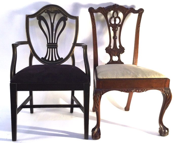 Group lot of Vintage Chair and Mid Century Chair: One chair in this lot is a vintage Sheraton parlor style back with cabriole style feet. The other chair has a Hepplewhite shield style back and traditional style legs.