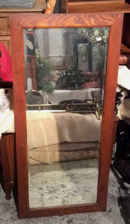 Vintage Old Fashion Style Wooden Mirror: Wooden framed mirror shows some scratches and measures 53.5H x 25W