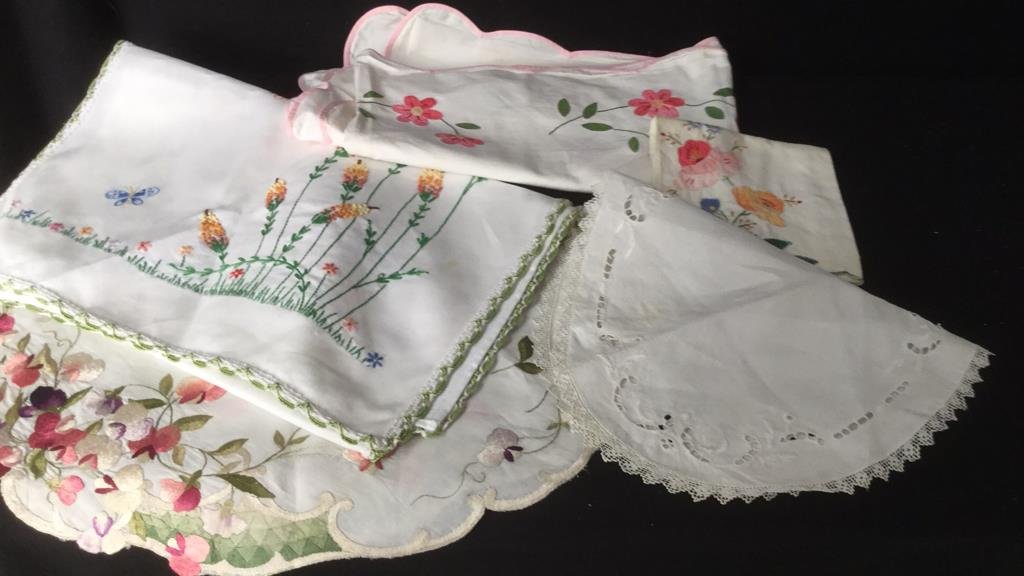 Lace and Embroidery Group lot: Set of 5 piece of embroidery. Includes doilies and more. Largest pieces measures 15 inches by 40 inches. Some stains
