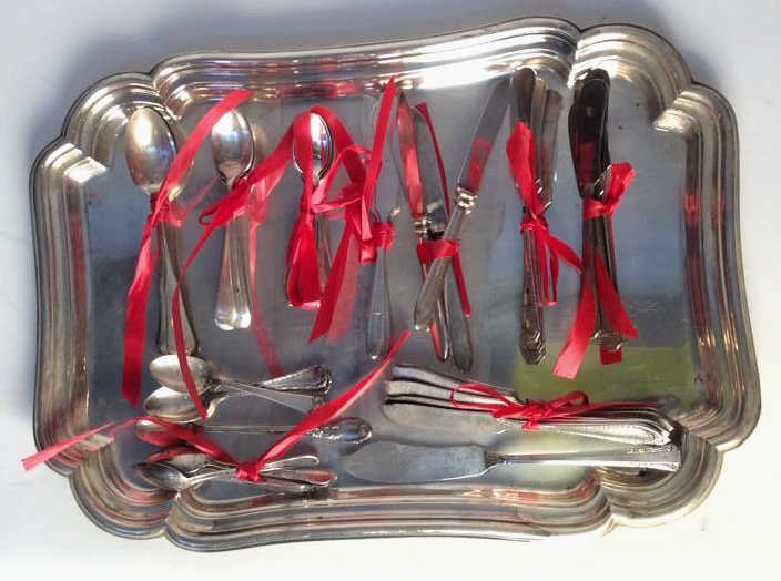 Silver Plate Spoons, Knives, and Serving Tray (1 of 9)