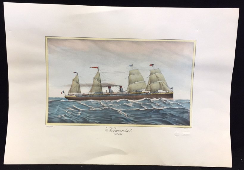 NORMANDIE Stamped Lithograph (1885): Depicts a ship with tall sails and two smoke stacks. Published by PV 6 and Drawn by N F Diana. 16 x 23