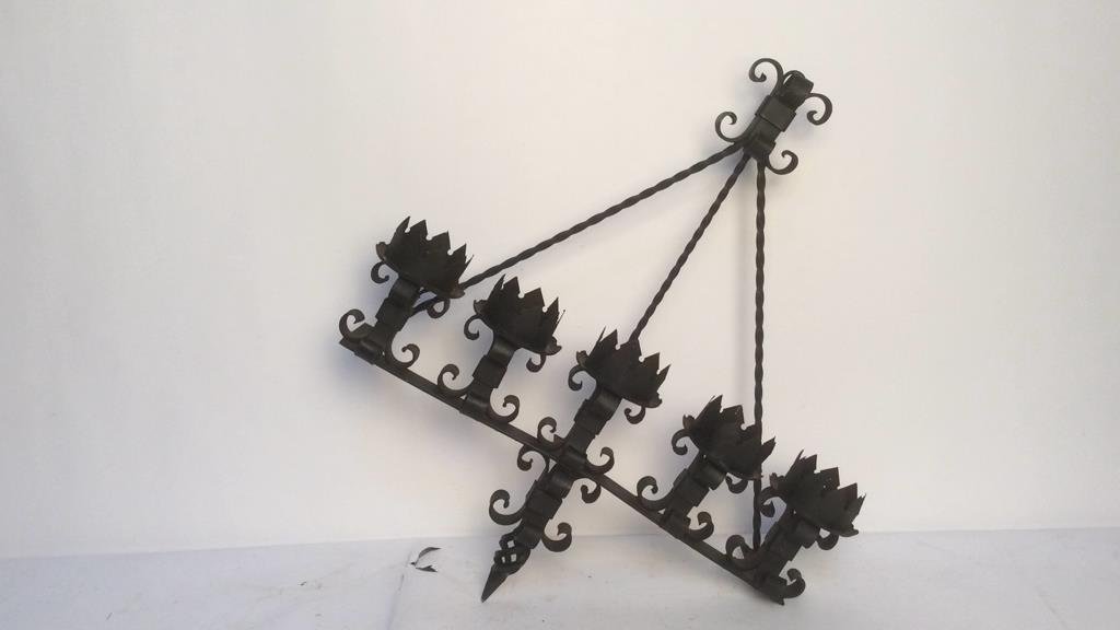 Medieval Iron Chandelier: Chandelier has 5 spots for lighting (candle, etc.), all iron, condition consistent with age. 36 x 33 x 8d