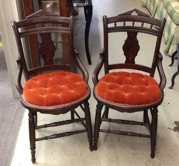 Pair Vintage Wood & Orange Velvet Chairs (1 of 7)
